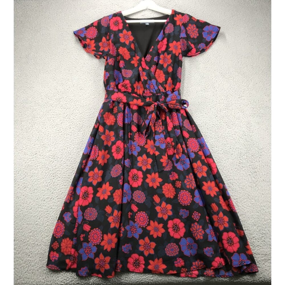 MODCLOTH Dress Womens SMALL‎ Red Floral Midi Faux Wrap Tie Waist Flutter Sleeve